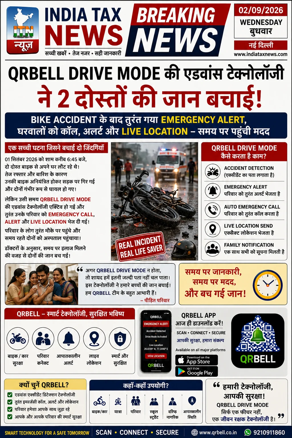 QR BELL Drive Mode: Smart Accident Detection, Emergency Alert, Call & Live Location Support